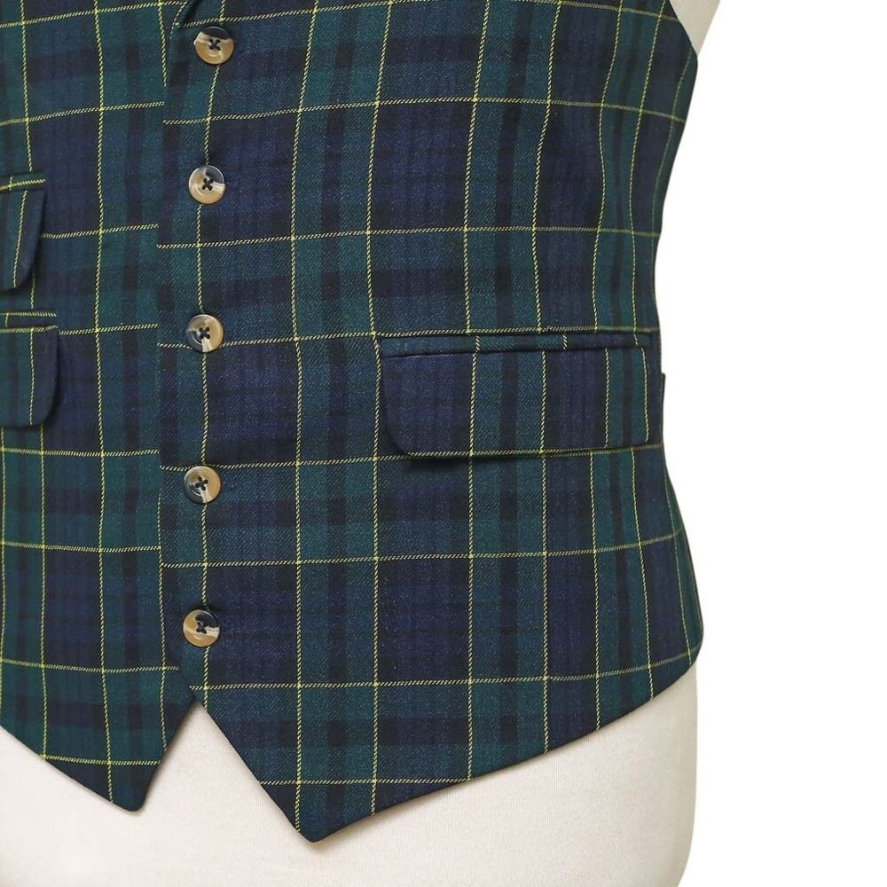 Mens Vest 44R Tartan Plaid Wool Blend Blue Green Yellow Lapel Waistcoat Wedding - Picture 6 of 9
